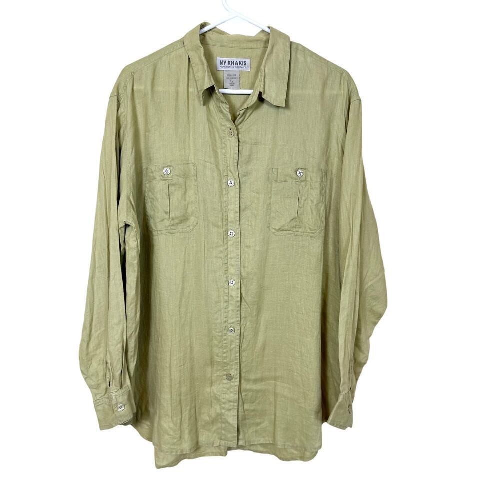 NY Khakis 100% Linen Tunic Large Button Down Lightweight EUC